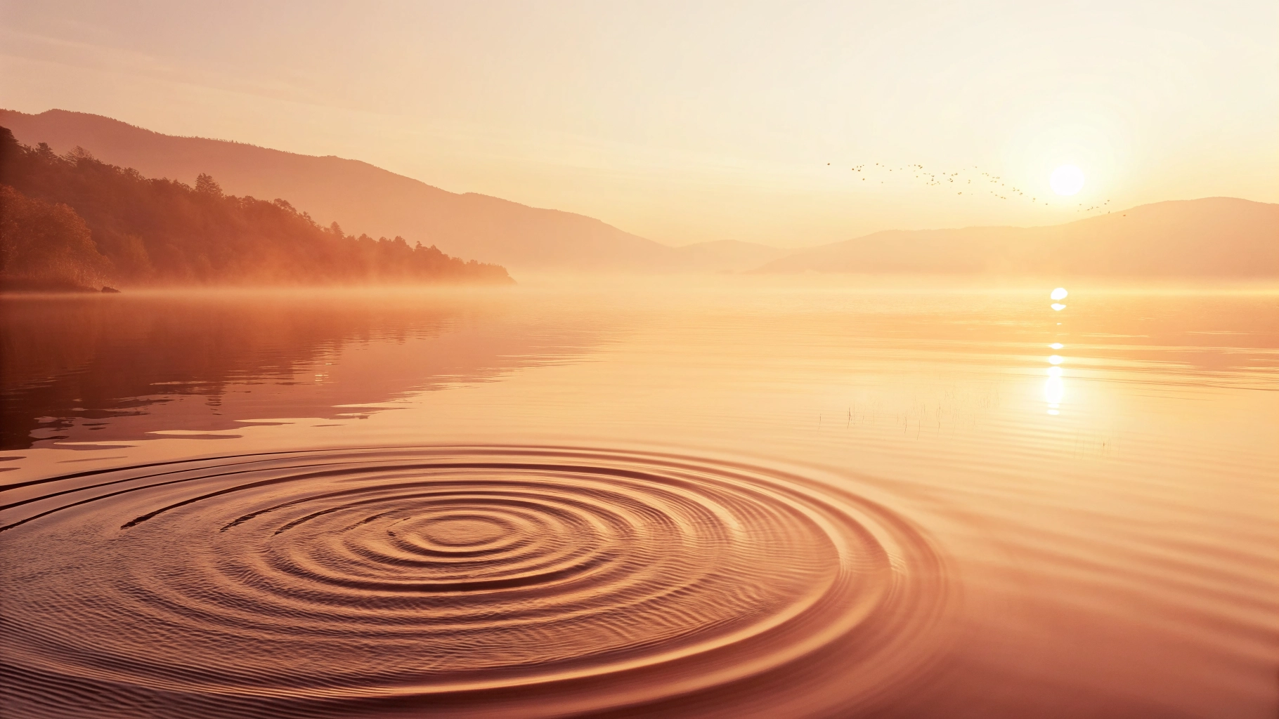 Cercles à la surface d’une eau calme au lever du soleil