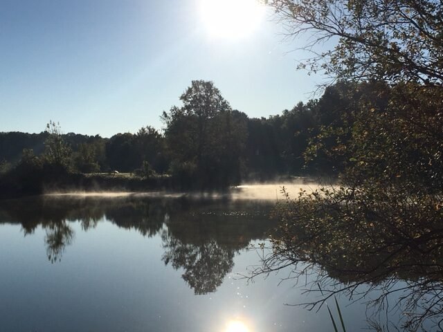 Lac paisible au lever du soleil, brume sur l’eau